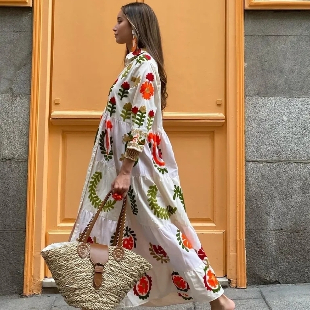 Casual Embroidery Printed Patchwork Lapel Maxi Dresses Women Elegant Button Long - Picture 6 of 6